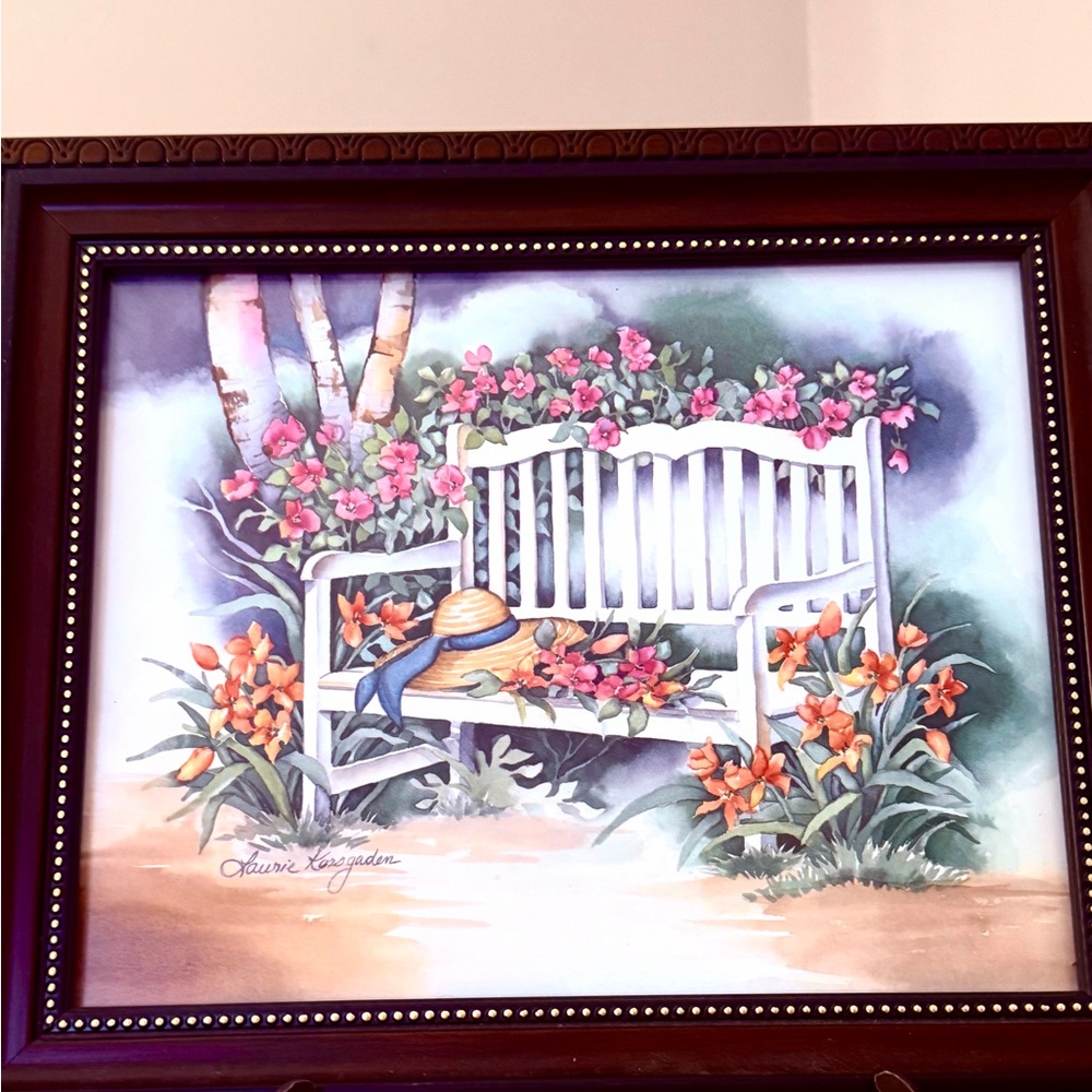 Cottage Core framed pretty flowers white bench watercolor Laura Korsgaden 12x10
